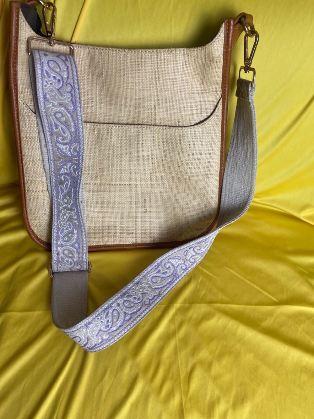 Ahdorned Beige Straw Satchel with Lavender Embroidered Strap